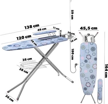 Прасувальна дошка KADAX з вбудованим подовжувачем, складна прасувальна дошка з тримачем кабелю, парова прасувальна дошка з висувною полицею для одягу (синя)