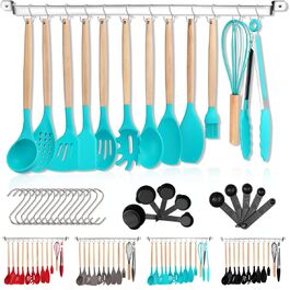 Набір силіконової кухонного посуду Berglander з 38 предметів, набір посуду з антипригарним покриттям, кухонне начиння з дерев'яною ручкою інструменти з багатоцільовими гачками і тримачами для посуду (червоний) (4-й Синій)