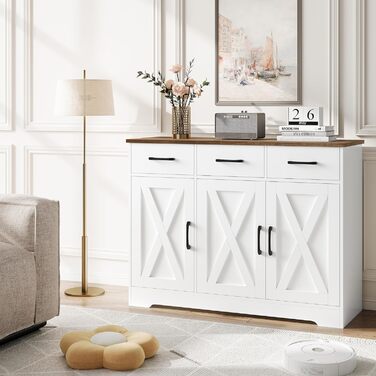 Сайдборд HOCSOK: кухонна шафа з 3 висувними ящиками та 3 дверцятами, буфет з робочою поверхнею, для кухні, їдальні, вітальні, дерево, білий & коричневий