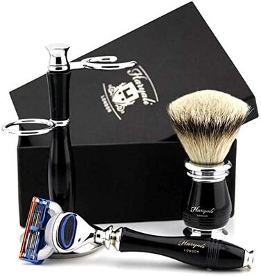 Преміальна щітка для гоління Silver Tip Badger і сумісні з картриджем 5 країв прямі бритви з розкішною ручкою - набір для вологого гоління для чоловіків