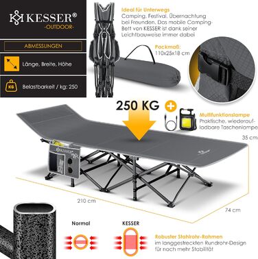 Кемпінгове ліжко KESSER Табірне ліжко Розкладне ліжко Кемпінговий шезлонг з сумкою для перенесення, кемпінговим світлом бічною сумкою Стійке похідне ліжко 250 кг Завантажувана металева труба 600D Оксфордська тканина Портативний шезлонг для подорожей Зручн