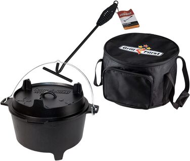 Набір голландської печі Grillfürst Dutch Oven BBQ Edition DO 9: чавунний котелок 8,5 л з підставкою, підняття кришки та сумка для зберігання