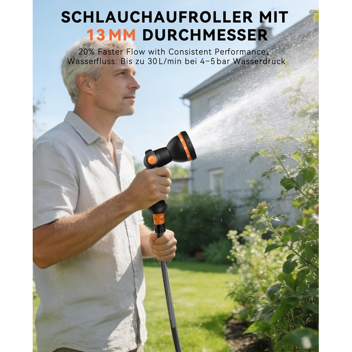 Шланговий барабан SUNPOW настінний 30м для саду, тераси та двору. Автоматичний намотувач, поворотна стіна, 10 функцій розпилення. Діаметр 16 мм.