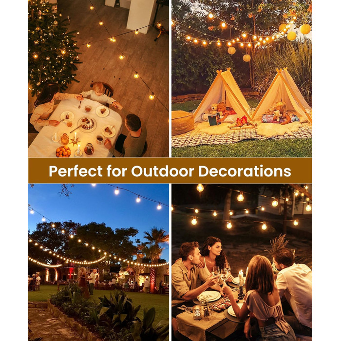 LED гірлянда для вулиці, 20 метрів, G40, 30+2 лампочки, пластик, IP44, вологостійка, для саду, вечірки, тепле світло, 20м, EU