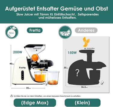 Фрета Slow Juicer: Електрична холодний відцентровий соковитискач для овочів та фруктів, 200W, 76 мм, легке очищення (кремовий)