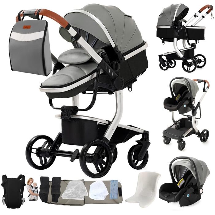 Дитяча коляска 3 в 1 Kinderwagen, 0-4 роки, компактна та складна, з автокріслом, аксесуари (сірий, 3 в 1-L518)