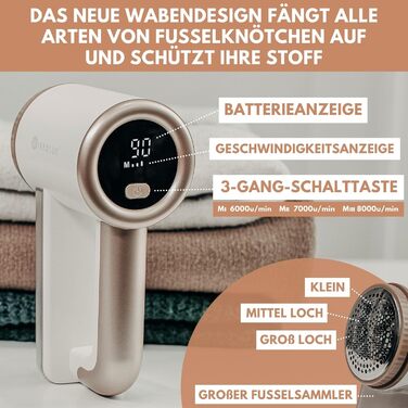 Електричний видальник ворсу WiredLux - бездротовий пристрій для одягу та меблів. 3 швидкості, 6-лезове лезо, LED-дисплей, USB-зарядка (білий, слонова кістка, золото)