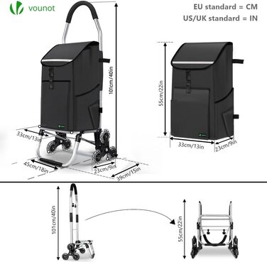 Візок для покупців VOUNOT Aluminium Stair Climber, 3 в 1, складаний з охолоджуючим відсіком, 6 коліс, 45 л, чорний