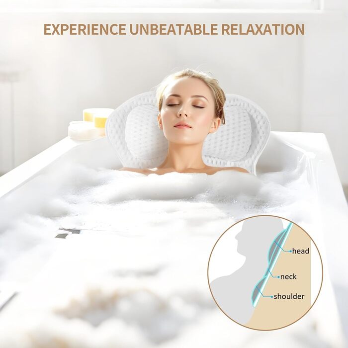 Подушка для ванни 4D сітка з присосками, біла - підтримка шиї, плечей, голови та спини для релаксації