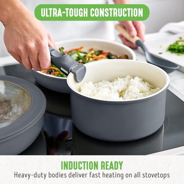 Набір посуду GreenLife 10 предметів з антипригарним покриттям, знімні ручки, складаний посуд, антитоксичні, без PFAS сковороди, індукційні каструлі та сковороди, економія місця, сервіровочні миски (Сірий (Графіт//Nature's Delight))