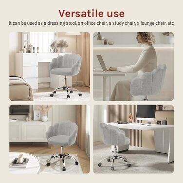 Крісло WOLTU для офісу та дому, крісло до туалетного столика з підлокітниками у вигляді пелюсток, поворотне з роликами, регульоване по висоті, для робочого кабінету, спальні (Світло-сірий, кашеміровий матеріал)