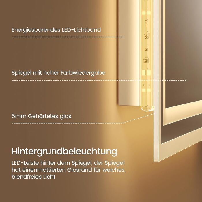 Дзеркало для ванної кімнати EMKE з підсвічуванням 120x60 см, тепле біле світло 3000K, вимикач, матовий бортик 2.70 x 50 см