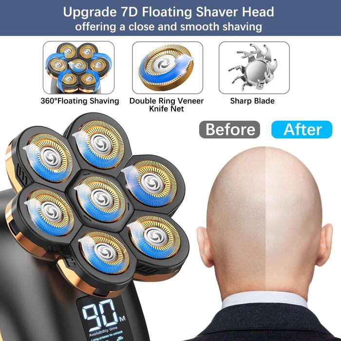 Електробритва Bald Shaver Men 7D, CHLANT 5 в 1 Електрична бритва USB, Волога/Суха, LED дисплей, HM1688