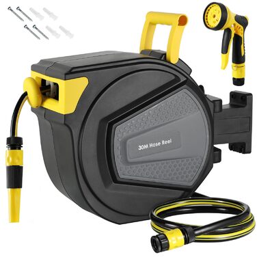 Шланговий барабан з шлангом для саду з автоматичним змотуванням, поворотний на 180°, настінна шланговий бокс з ручною лійкою (9 функцій), для поливу та миття авто (чорно-жовтий, 30м)