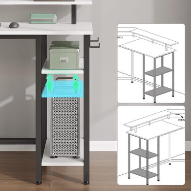 Комп'ютерний стіл Rolanstar L-подібний з RGB підсвічуванням та розетками, геймінговий стіл з полицею та гачками, для офісу, робочого кабінету, спальні (білий, 137 см), 137 x 137 x 87 см