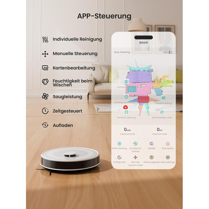 Робот-пилосос LEFANT M2 з функцією миття, багатошарове мапування, керування через APP/Alexa, Wi-Fi 2.4G/5GHz, для шерсті тварин, килимів та твердих підлог