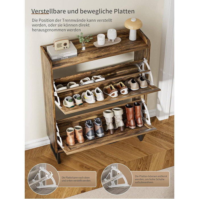 Шафа для взуття з 2 відкидними дверцятами, полиця для взуття в передпокій, вузька шафа-кіпер для взуття з 4 полицями, тумба для взуття з металевими ніжками, органайзер для взуття з дерева для стіни, 80x23,8x101,7 см, Білий (Коричневий)