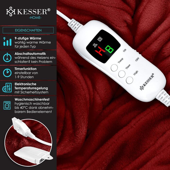 Електрична грілка KESSER® з плюшу 180x130 см сірого кольору | з таймером, автоматичним вимкненням, 9 температурних режимів, цифровим дисплеєм, пральна до 40°C, сертифікат TÜV SÜD GS