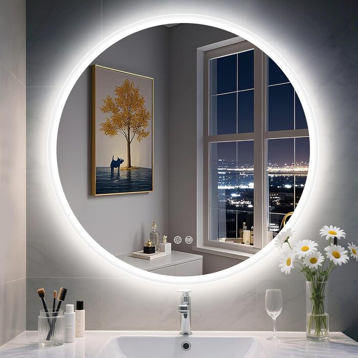 Дзеркало для ванної кімнати S'bagno Runder з підсвічуванням 60 см, з підсвічуванням та протитуманним ефектом, 3000K/4000K/6500K, регульована яскравість, HD-загартоване скло, функція пам'яті, водонепроникний LED-дзеркало для ванної кімнати IP44 (M11 (без B