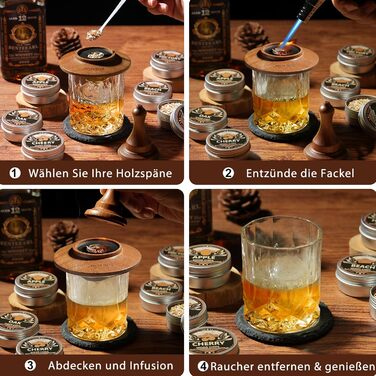 Набір для копчення віскі з факелом, 6 смаків, тріски, 2 склянки, 6 контейнерів для віскі, набір для коктейлів, набір для копчення напоїв, подарунок на день народження для Бурбон-віскі для чоловіків (без бутану)