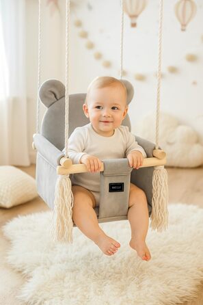 NATILU® Дитяча гойдалка для дому та саду | Велюр Сірий Ведмідь | Дерев'яна гойдалка | Гойдалка для малюків | Гойдалка для саду | Гойдалка для дітей від 6 місяців