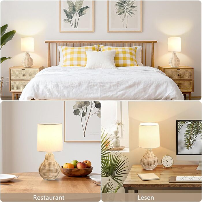 Настільна лампа GyroVu 2 шт. з ротангу, Бохо стиль, цоколь E27, для спальні, вітальні, читання