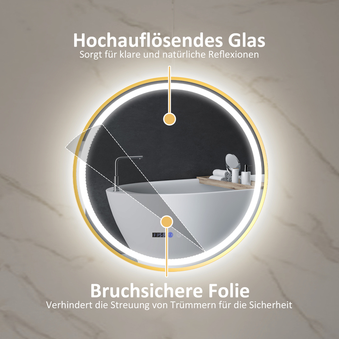 Дзеркало для ванної кімнати з підсвіткою LED, з функцією запобігання запотіванню, сенсорним керуванням та дисплеєм.