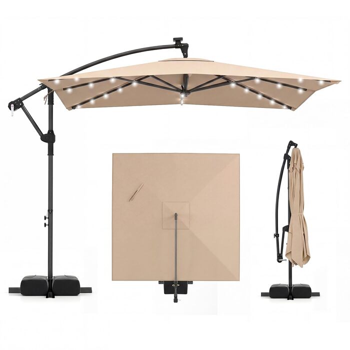 Парасолька від сонця COSTWAY 250x250 см з підставкою та LED-підсвіткою, квадратна садова парасолька з ручкою-курбою, UV-захист, бежева