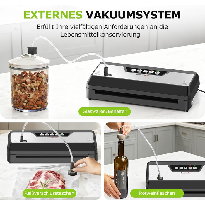 Вакууматор для продуктів Bonsenkitchen з вбудованим різаком, компактний вакууматор для Sous Vide та заготовок, кілька режимів роботи, чорний (в комплекті 1 рулон та 5 пакетів)