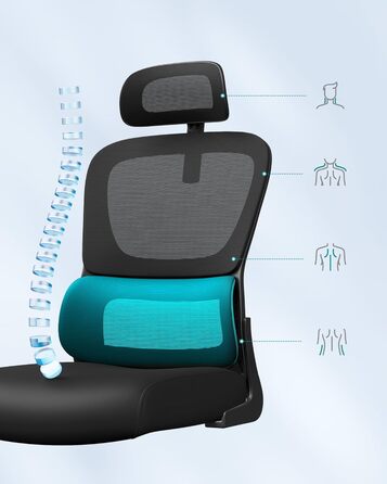 Офісне крісло SONGMICS з ергономічною підтримкою спини, сітчасте, з регульованою підголовником, для дому та офісу (чорний)