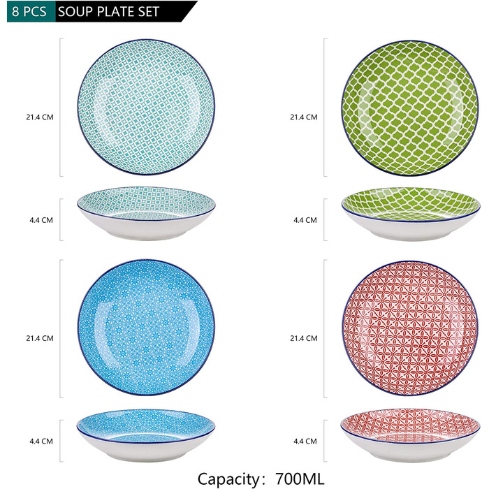 Ванкассо порцелянові миски для вмочування, Маракон 8 шт. миски різнокольорові, миски для закусок діаметром 8,8 см, сервірувальні миски (супові тарілки на 8 шт.)