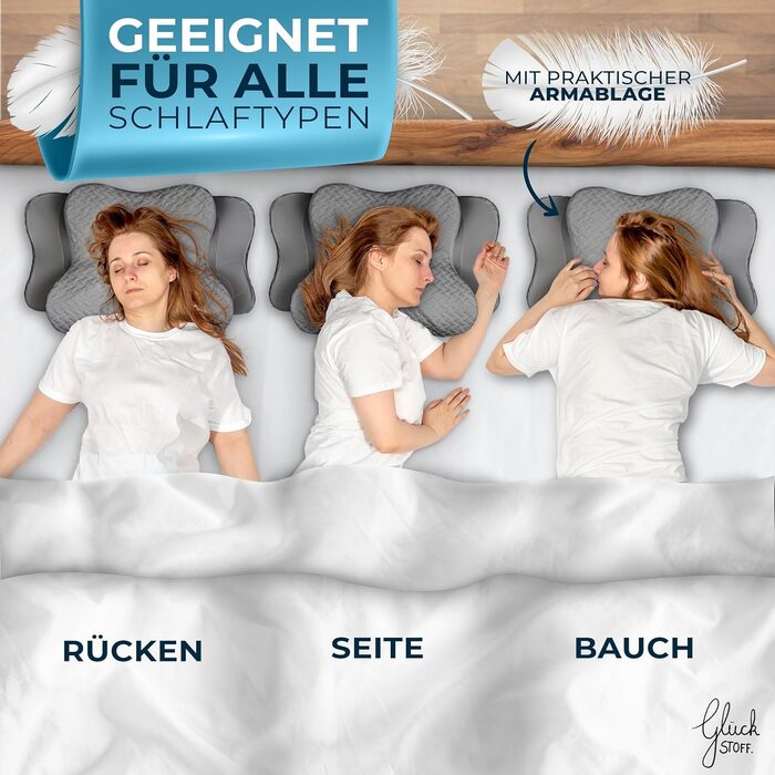 Ортопедична подушка Glückstoff® Ergo: підтримка шиї, memory foam, для всіх типів сну | Подушка від болю в шиї, сірого кольору