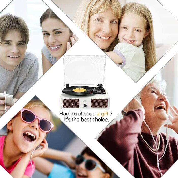 Вініловий програвач Udreamer з Bluetooth, вбудованими динаміками, ремінним приводом, 3 швидкості, ретро-стиль, білий, для музики та декору