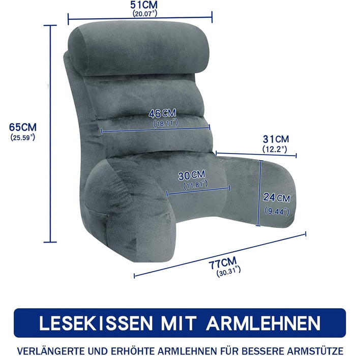 Підлогове крісло-мішок для читання з підлокітником, сіре, 65x30 см