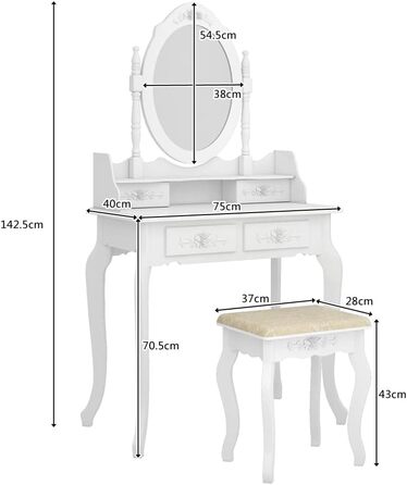 Туалетний столик з табуретом LEADZM, дзеркало 360, 4 ящики, 142,5x75x40 см, білий