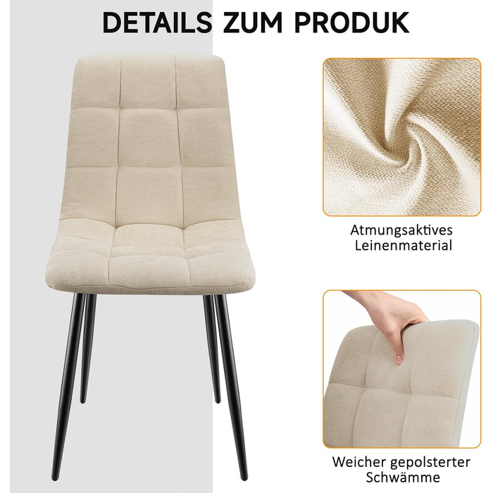 Набір обідніх стільців 4 шт. з льоновим покриттям та металевими ніжками, для кухні, спальні, вітальні - кольори хакі та бежевий