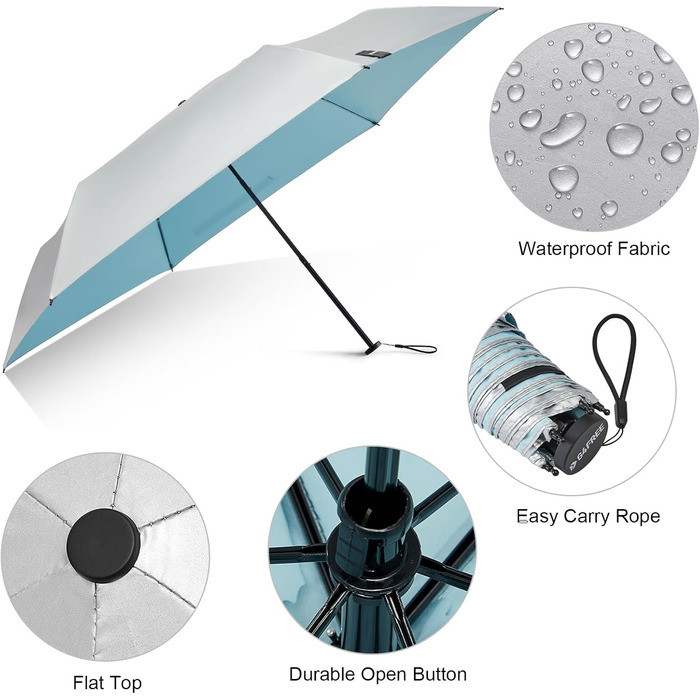 Компактна парасолька та туристична парасолька, 115 г, ультралегка, UPF 50, вуглецеве волокно, морська блакить/сріблястий, 4Free
