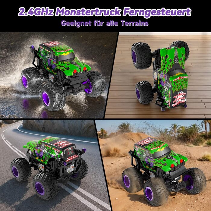 Радіокерований монстр-трак 1:20 2.4GHz, 20 км/год, зелений динозавр з підсвіткою LED та музикою для хлопчиків та дівчаток від 3 років
