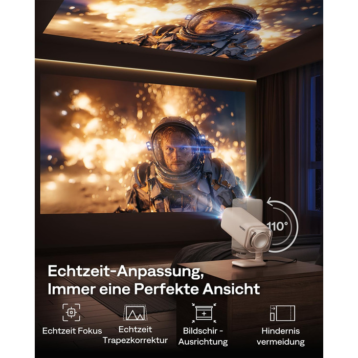 Портативний проєктор Aurzen Boom Air Mini з Google TV та Netflix, 4K, USB-C, Smart, Dolby Audio, WiFi, Bluetooth, автофокус TOF, поворотний штатив, кремово-білий