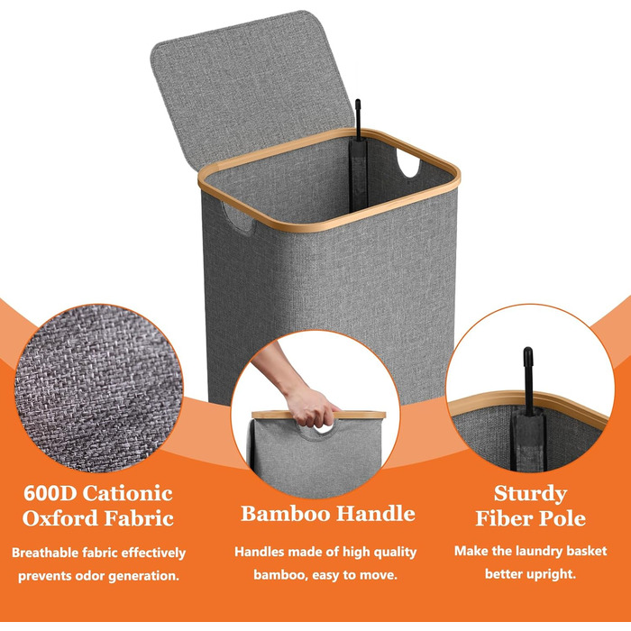 Кошик для білизни з кришкою, вузький, бамбукові ручки, внутрішня кишеня, складний, переносний, 95л, темно-сірий