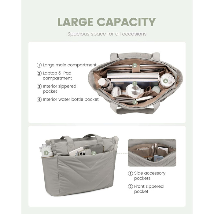 Сумка для ноутбука LOVEVOOK 15.6 дюймів, жіноча, shopper, велика, для роботи, навчання, універсальна, сіра, зелена