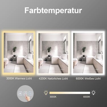 Дзеркало для ванної кімнати Furduzz LED, 70x50 см з підсвічуванням, сенсорним вимикачем, 3 кольори світла, регулювання яскравості, антизапарник, пам'ять налаштувань