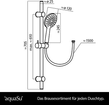 Душовий набір aquaSu Acana / чорний / Насадка для душу 3 типи струменя, зміна типу струменя за допомогою кнопки і розпилювальної пластини 12 см / металевий шланг для душу 150 см / штанга для душу 60 см / напрямна / виступи для видалення накипу / 72288 9 (