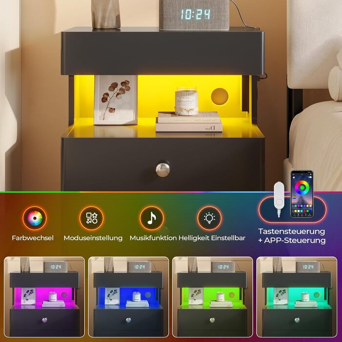 Нічний столик AOGLLATI з прихованим відділенням, розеткою та LED-підсвічуванням, 2 шухляди, висувний ящик, полиця, глянцева поверхня (40x35x59 см, чорний, 2)