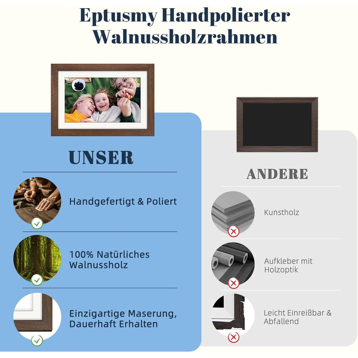 Цифровий фоторамка Frameo 10.1 дюйма з Wi-Fi, горіхове дерево, 32GB, IPS Touchscreen, Wi-Fi, фото/відео через додаток Frameo, подарунок для чоловіків та жінок