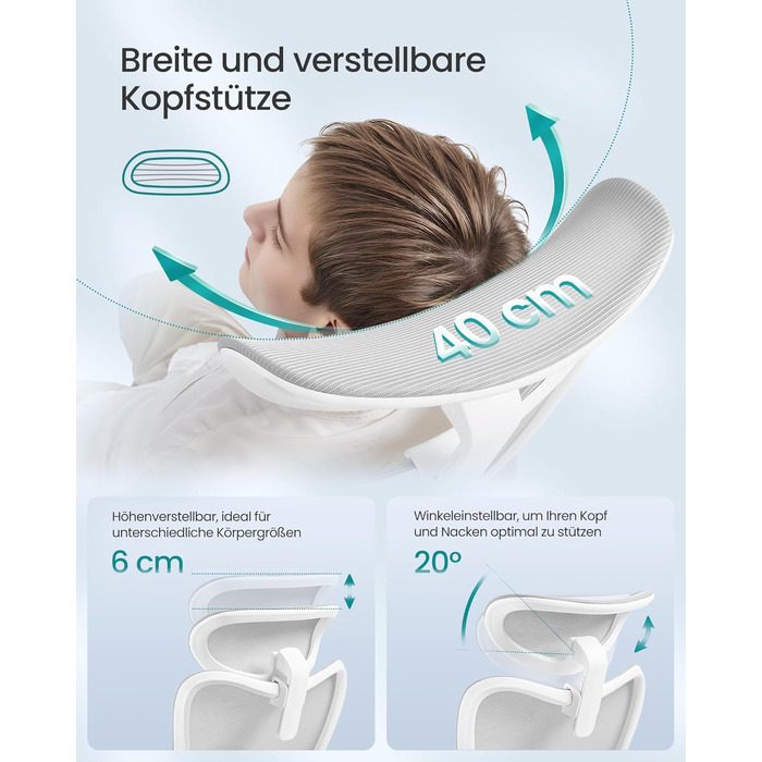 Офісний стіл SONGMICS, ергономічне крісло, комп'ютерне крісло, регульована поперекова та підголовна підтримка, до 150 кг, регульована висота, Taubengrau (сірий голуб) OBN066GD01