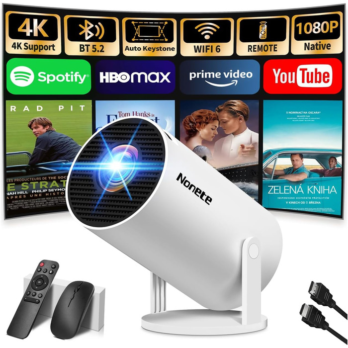 Beamer 4K проєктор: Full HD 1080P, WiFi 6, Bluetooth 5.2, Android, портативний, поворотний 270°, авто-корекція Keystone, для PC/HDMI/USB, з мишкою та пультом, білий