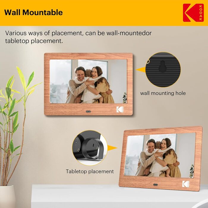 Цифровий фотоальбом Kodak 7 дюймів з IPS екраном, підтримка USB/SD, відтворення фото/музики/відео, календар, будильник, з пультом керування (дерево)
