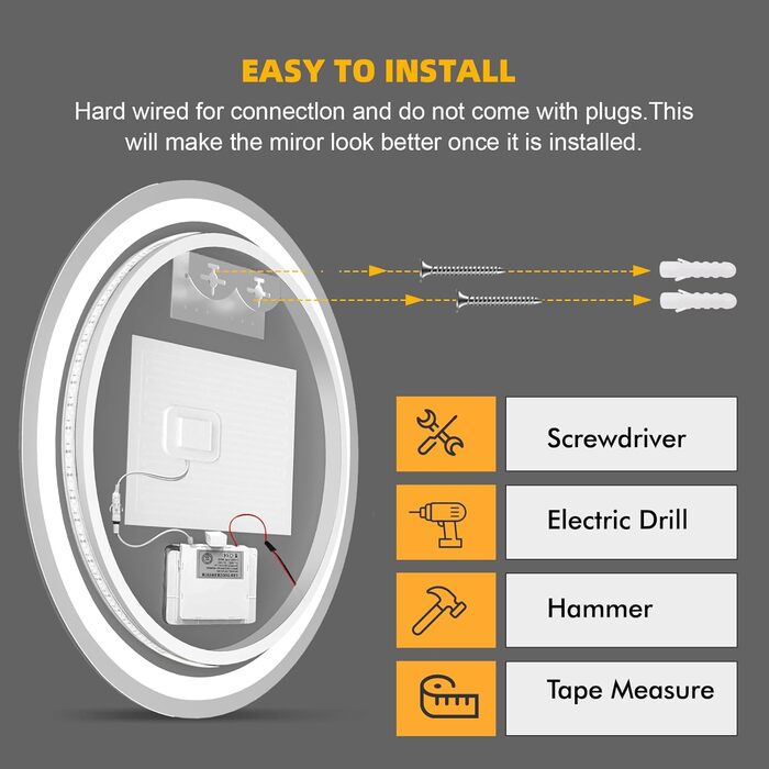 Дзеркало для ванної кімнати Sararoom з підсвічуванням, кругле LED дзеркало 600 мм, з підсвічуванням, 3 кольори світла, регулювання яскравості, запобігання запотіванню, кругле скло, функція пам'яті, 600 x 600 мм