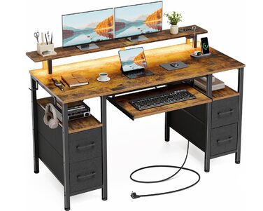 Ігровий стіл Seventable з LED підсвіткою, розетками та USB портами, шухлядами, підставкою для клавіатури та монітора (120x47x87 см, вінтажний коричневий)